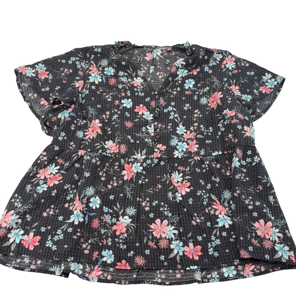 Lane Bryant Women 24 Black Floral Gingham Peplum Blouse Short Sleeve V-Neck Top